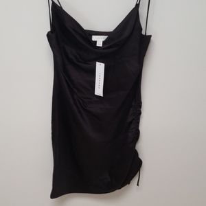 TOPSHOP BLACK SATIN SIDE RUCHED MINI DRESS SIZE 4 petite